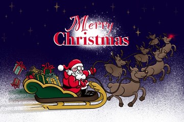 Santa Claus flies in a sleigh pulled by reindeer and scatters gifts. A Christmas card with wishes for a Merry Christmas