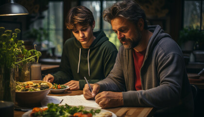 Father and son bonding over a meal generated by AI