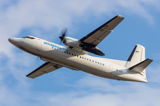 Stockholm, Sweden - June 30, 2023: Fokker 50 airliner of swedish airliner Amapola Flyg departing in Stockholm Arlanda