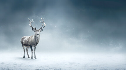 Funny deer with antlers on a winter foggy background. A deer with large antlers on a foggy background with copy space. Reindeer New Year concept.