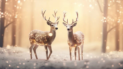 Couple of Shiny Reindeer In Defocused Glittering Background. Deer and winter landscape with snow and snowflakes. Couple of Reindeers in the winter forest.