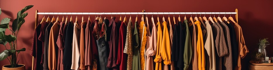 Colorful Clothing Rack Against Deep Red Wall with Assorted Clothes and Potted Plants