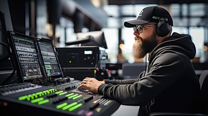 A man works behind a professional sound mixing board in a recording studio. Illustration for cover, card, postcard, interior design, banner, poster, brochure or presentation. - obrazy, fototapety, plakaty