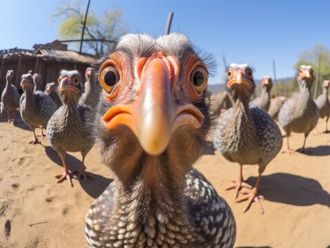 A close-up of the face of a guinea fowl looking at the camera. A bird in a natural environment. Natural background. Illustration for cover, postcard, interior design, banner, brochure, etc.