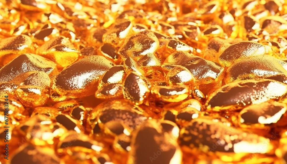 Poster shiny gold candy reflects abstract pattern on metallic background generated by ai