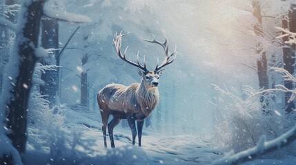 Magic festive reindeer covered in glowing lights. Reindeer New Year concept oil painting. Deer in a snowy forest.