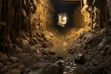 Underground passage inside a working excavation. Generative AI
