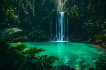 A tropical paradise with a waterfall cascading into a turquoise lagoon