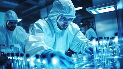 Scientist in a chemistry lab with flasks and other labware. Research and development concept for medical, biotechnology, molecular biology or chemistry research and development. Illustration.