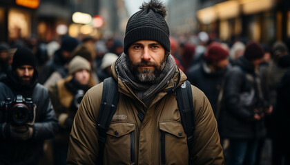 Young adult male photographer capturing city life generated by AI