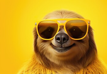 Fototapeta premium Sloth in glasses. Close-up portrait of a sloth. An anthopomorphic creature. A fictional character for advertising and marketing. Humorous character for graphic design.