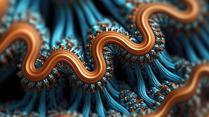 Abstract curved shape in copper and blue tones. Close-up of braided braid with beads. Illustration for cover, card, postcard, interior design, banner, poster, brochure or presentation.