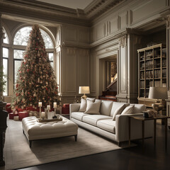 A harmonious blend of tradition and modernity unfolds in the living room. Classic holiday decor mingles with contemporary furnishings as the family engages in the timeless ritual of unwrapping gifts.