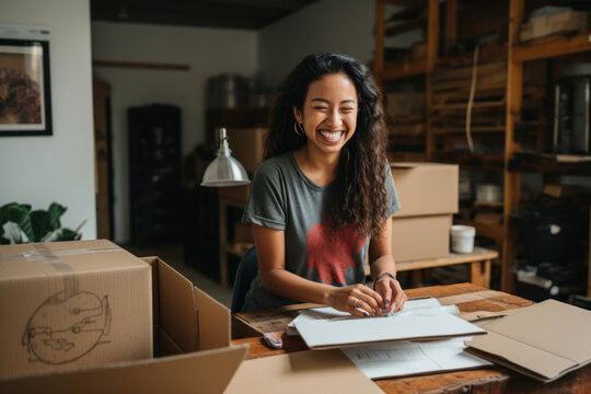 customer experiences a moment of joy, expressing satisfaction as they open a delivered package to reveal its contents