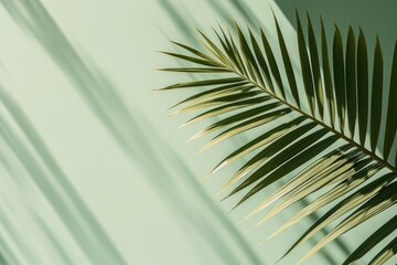 Fototapeta premium shadows overlay and palm leaf on a green pastel light green wall. background for advertising a luxury product.