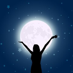 Woman meditating under glowing full moon