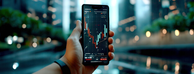 Stock trade in phone. Graph of stock market with candlestick, chart and exchange for trader. Hand hold smartphone with mockup of daily trading mobile app.