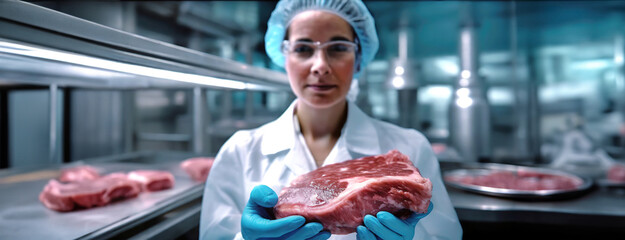 Woman laboratory assistant holding a piece of meat in hear hands. Scientist studies and researches the edibility of cultured meat. Panorama, copy space for text.