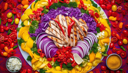 Multi colored taco plate with vegetarian food and guacamole decoration generated by AI