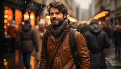 A smiling man walking in the winter city at night generated by AI