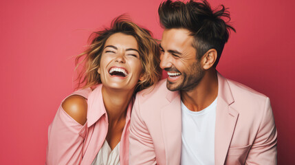 A man and a woman stand close to each other, sharing smiles and reveling in love. The background is tinted with a gentle pink hue, creating a romantic ambiance.