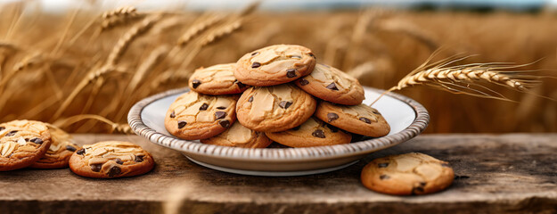 National Cookie Day chocolate chip cookies on wooden table in oat field background. Homemade baking panorama.