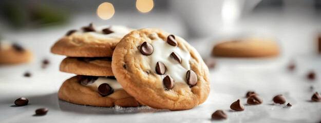National Cookie Day. Stack of chocolate crispy cookies on white table background. Powdered sugar on the kitchen surface.