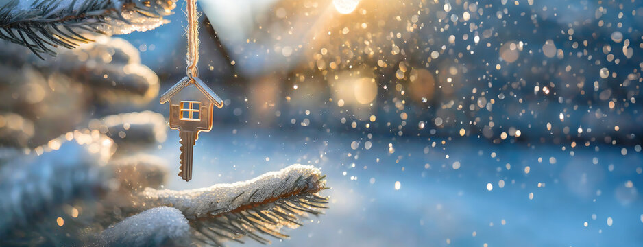 House shaped Key hangs like a gift toy on Christmas tree in winter snowy forest landscape. Background for real estate, moving home or renting property concept.