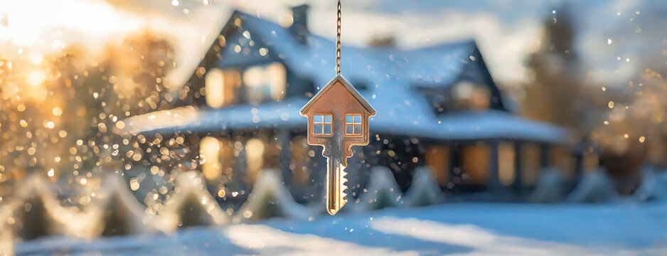 Key with house shaped keychain. Modern country private house with winter snowy garden on the background. Real estate, moving home or renting property concept.