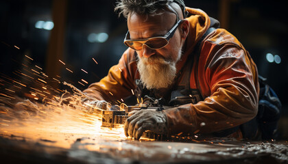 A skilled metalworker in a factory welds with protective eyewear generated by AI
