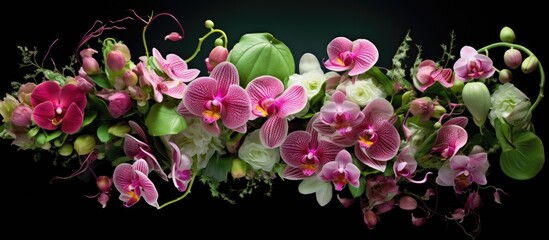 background of a lush green garden a delicate pink orchid with its ornamental petals stood as an...
