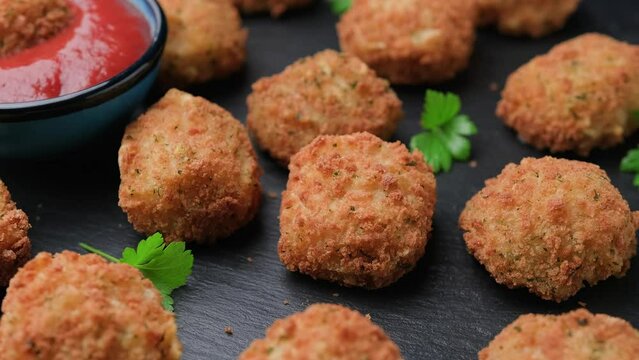 Potato croquettes with ham and cheese on stone board. rotating video