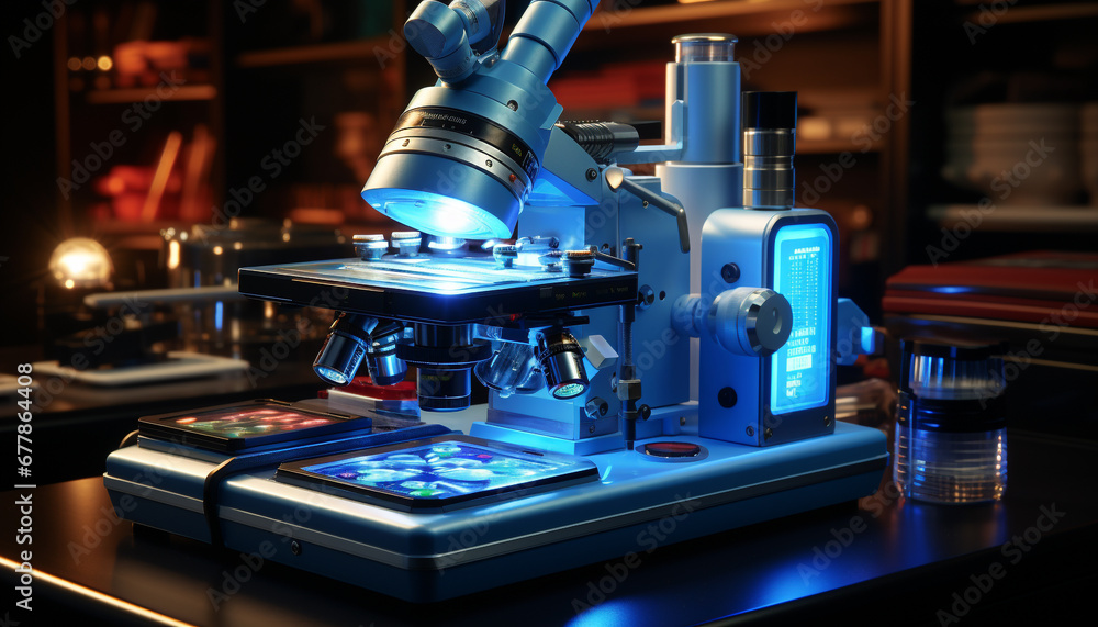 Aufkleber scientist analyzing medical sample with high scale magnification microscope in laboratory generated 