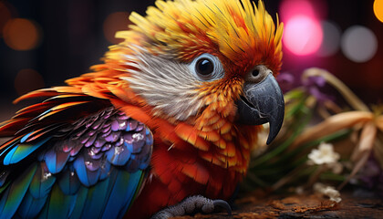 Vibrant colors of macaw in tropical rainforest generated by AI