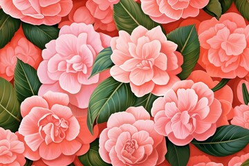 Illustration of bright pink camellia flowers arranged in a wallpaper design. Generative AI