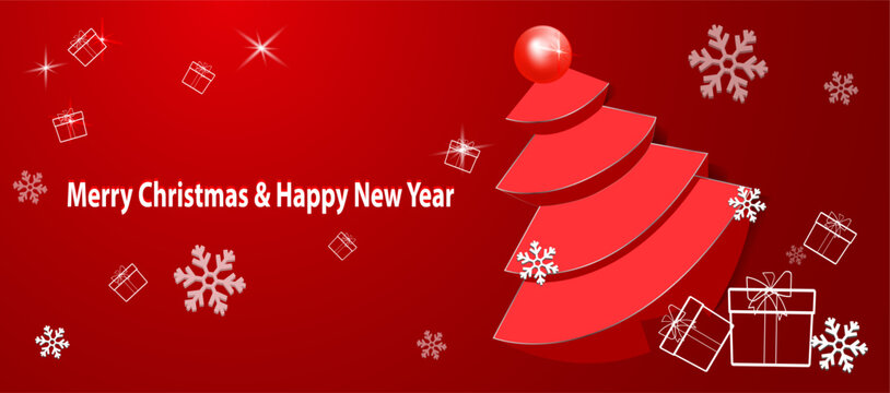Christmas and new year banner design template. Decorative Christmas tree on red background and presents