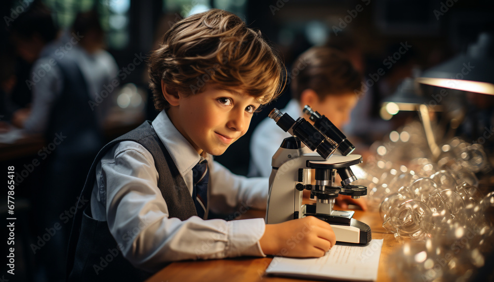 Poster smiling school children studying science, learning and conducting experiments generated by ai