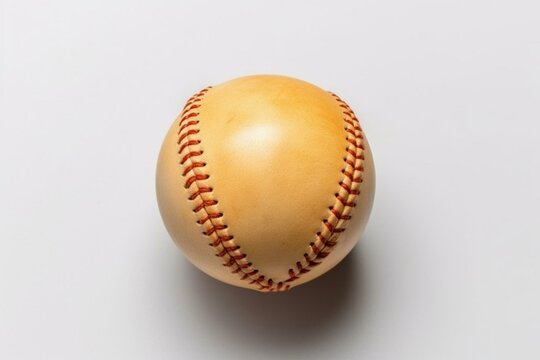 Baseball ball on base, isolated white background. Sports equipment, top view. Generative AI