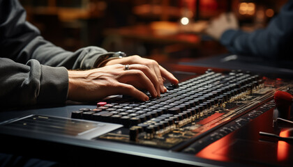 A busy businessman typing on a computer keyboard indoors at night generated by AI