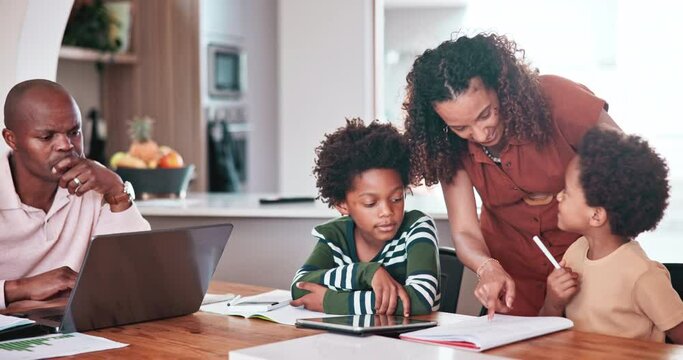 Happy black family, writing and homework in kitchen for learning, education or working together at home. Mother helping children with books, test or study while dad busy remote work at house