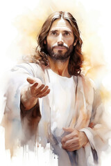 Jesus Christ Extending a Helping Hand in Watercolor Illustration