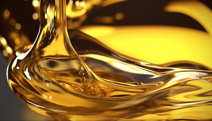 Smooth, shiny, gold colored cooking oil pouring in abstract wave pattern generated by AI