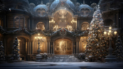 A magnificent Christmas palace, decorated with colored lights, with the feel of a fairy tale world