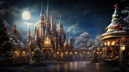 A magnificent Christmas palace, decorated with colored lights, with the feel of a fairy tale world