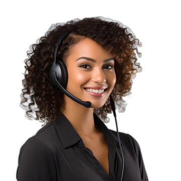 Customer service representative with curly hair talking through headset isolated on transparent or white background, png