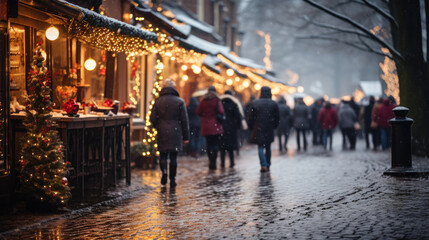 People walk through the Christmas market in the evening. Golden bokeh with space for text