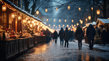 People walk through the Christmas market in the evening. Golden bokeh with space for text - obrazy, fototapety, plakaty