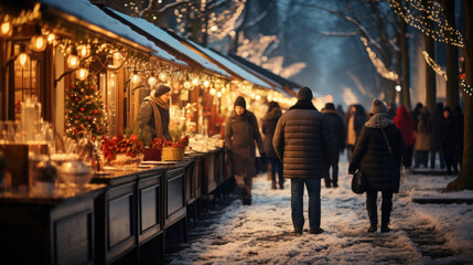 Fototapeta na wymiar People walk through the Christmas market in the evening. Golden bokeh with space for text