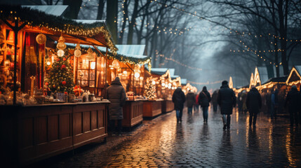 Fototapeta premium People walk through the Christmas market in the evening. Golden bokeh with space for text