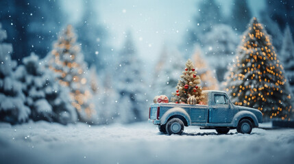 Blue retro pickup truck carrying a Christmas tree with space for text - obrazy, fototapety, plakaty